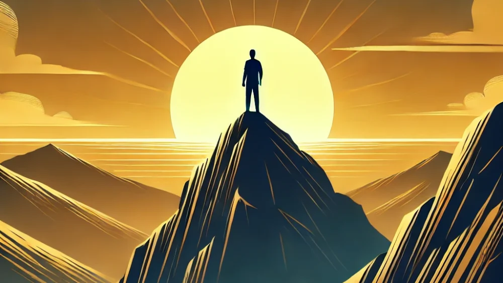 A-graphic-depicting-a-lone-person-standing-on-top-of-a-mountain-gazing-at-a-rising-sun.-The-scene-symbolizes-independence-and-freedom-of-choice-emph