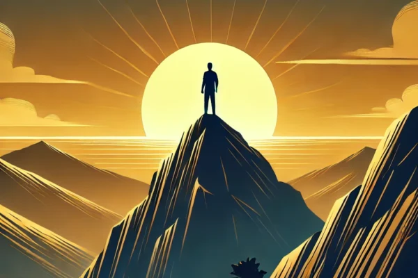 A-graphic-depicting-a-lone-person-standing-on-top-of-a-mountain-gazing-at-a-rising-sun.-The-scene-symbolizes-independence-and-freedom-of-choice-emph